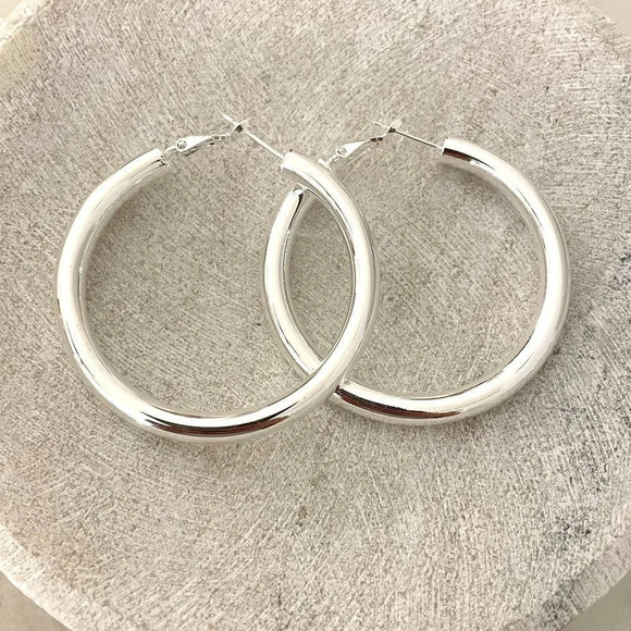 925 Sterling Silver Hoop Earrings Large Silver Hoops Chunky Earrings - Picture 2 of 5